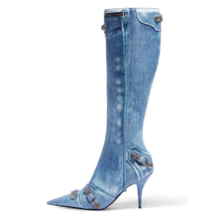 Women’s Pointed Rivet Tassel Knee-High Boots with Side Zip