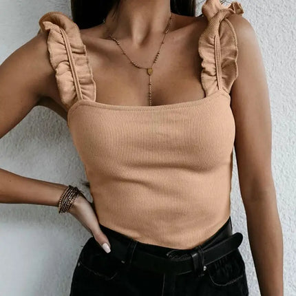 Ruffle Grace – Square Neck Ribbed Knit Tank