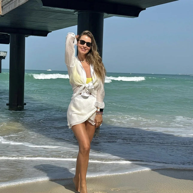 VEITCHE Linen Two-Piece Set – Long Sleeve Shirt & Mini Skirt Beachwear