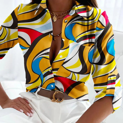 Elegant Turn-Down Collar Blouse – Vintage Slim Printed Shirt