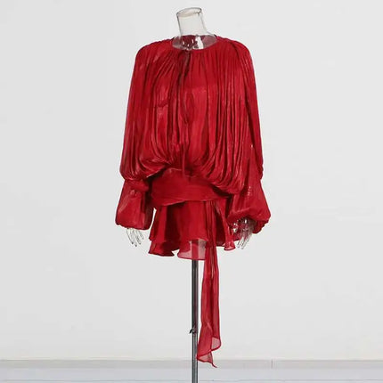 TWOTWINSTYLE V-Neck Mini Dress – Spliced Lace-Up Sweet Blouse