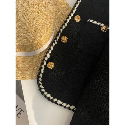 MEXZT Vintage Tweed Cropped Jacket – Elegant Quilted Black Blazer