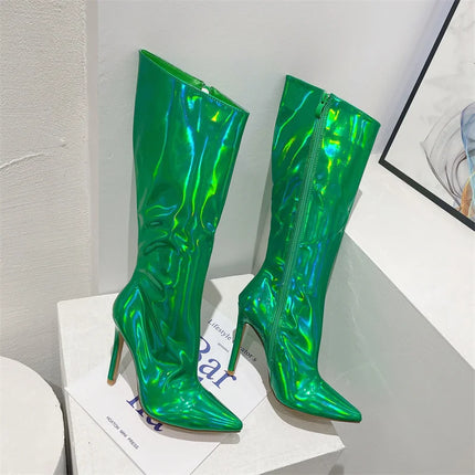 Liyke Women’s Green Patent Leather Knee-High Heels