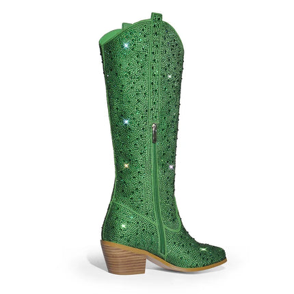 Onlymaker Women’s Rhinestone Green Knee-High Cowboy Boots
