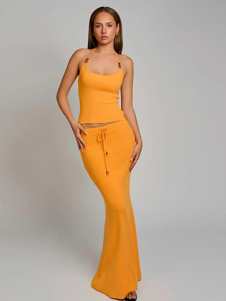 Sisterlinda Bandage Halter Set – Backless Tank & Maxi Skirt Suit