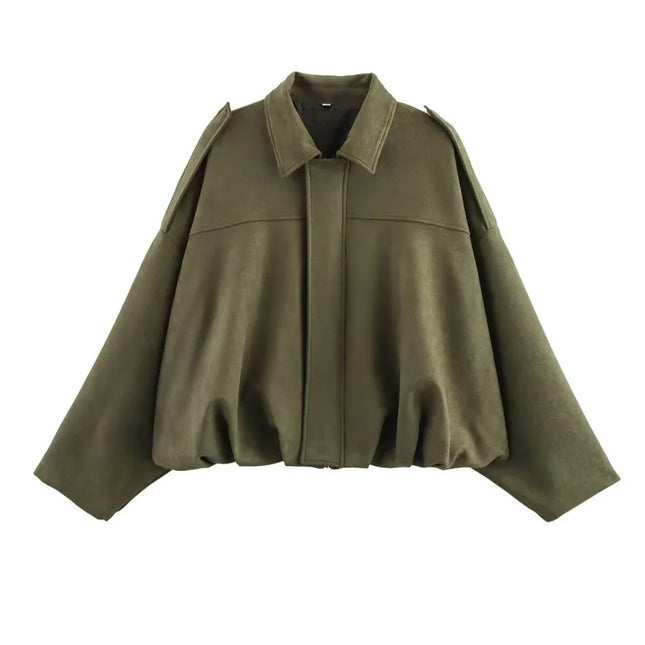 ETJ 2025 TRAF Suede Effect Loose Lapel Bomber Jacket