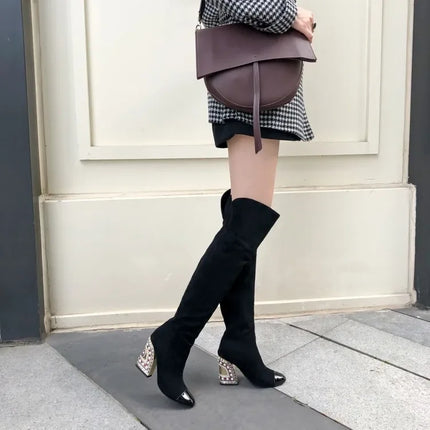 Rhinestone Cowhide Mid-Knee Heeled Boots