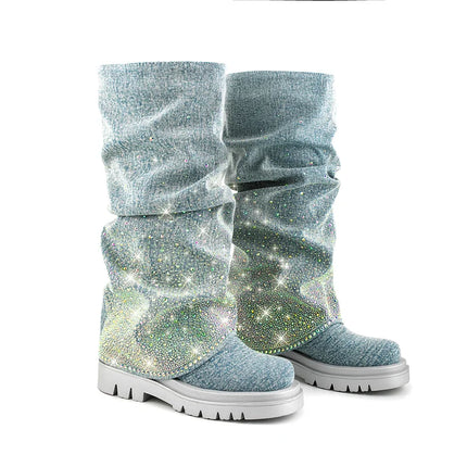 Women’s Blue Denim Pleated Platform Boots with Rhinestones