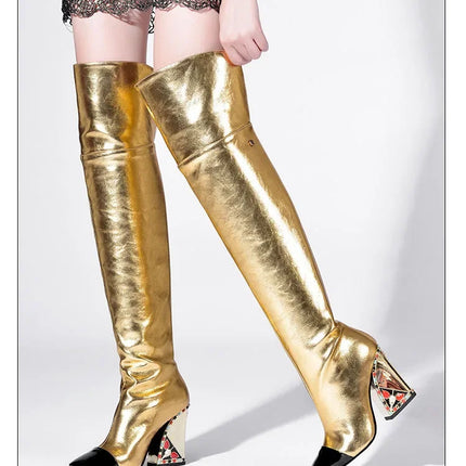 Rhinestone Cowhide Mid-Knee Heeled Boots