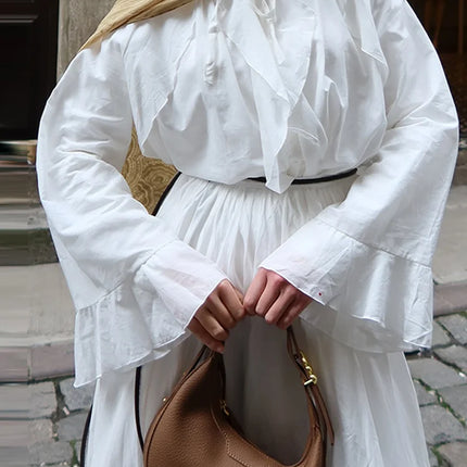 Ruffle Flare Sleeve Set – Lace-Up Shirt & Pleated High-Waist Skirt