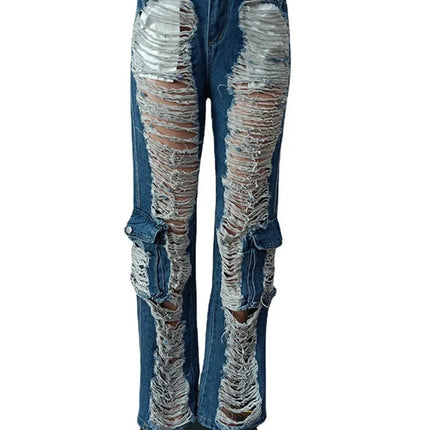 Women’s High-Waist Patchwork Hollow-Out Ripped Jeans