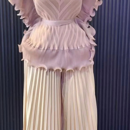 Miyake 3D Floral Pleated Set – Square Neck Top & A-Line Skirt 2025