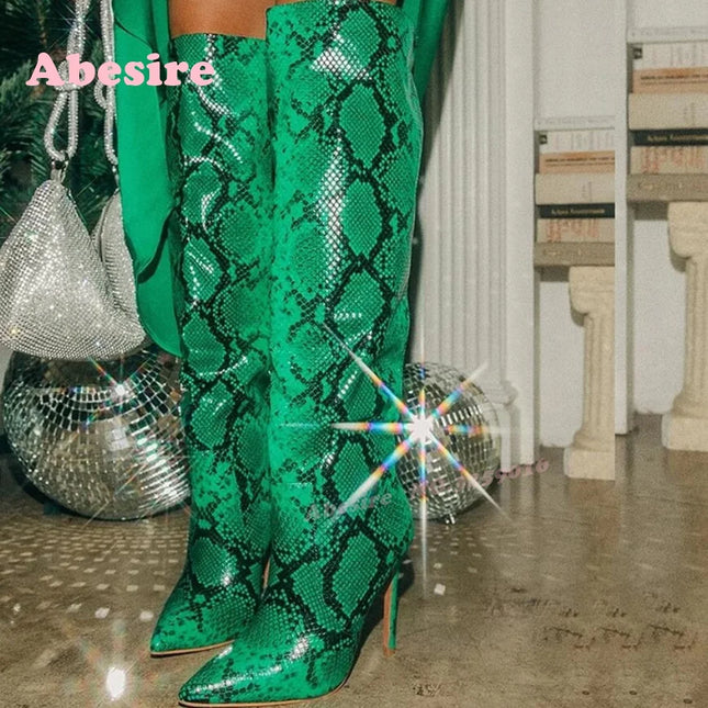 Women’s Green Python Knee-High Stiletto Boots