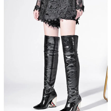 Rhinestone Cowhide Mid-Knee Heeled Boots