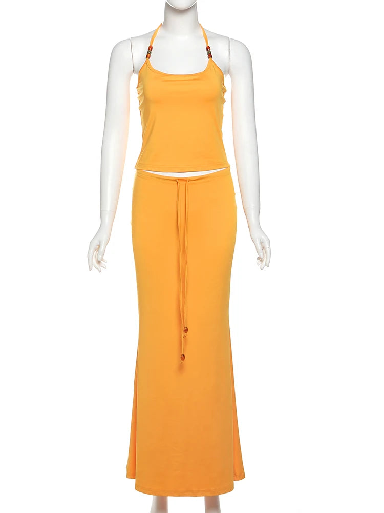 Sisterlinda Bandage Halter Set – Backless Tank & Maxi Skirt Suit
