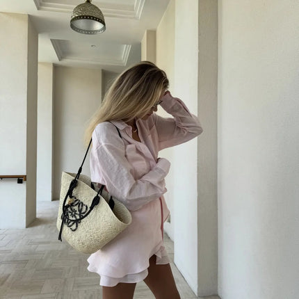 VEITCHE Linen Two-Piece Set – Long Sleeve Shirt & Mini Skirt Beachwear