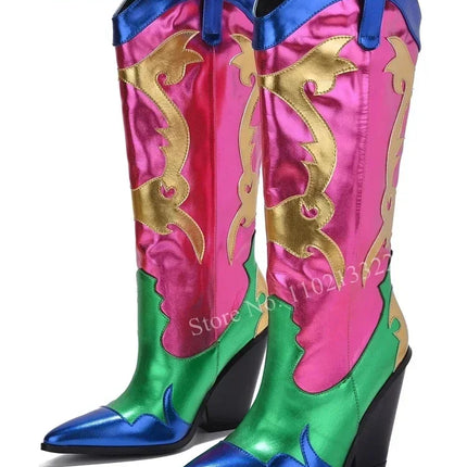 Women’s Retro Multicolor Mid-Calf Chunky Heel Boots