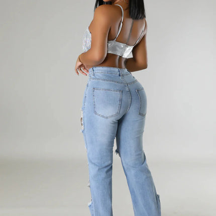 CM.YAYA Women’s Pearl Beaded Ripped Tassel Wide-Leg Jeans