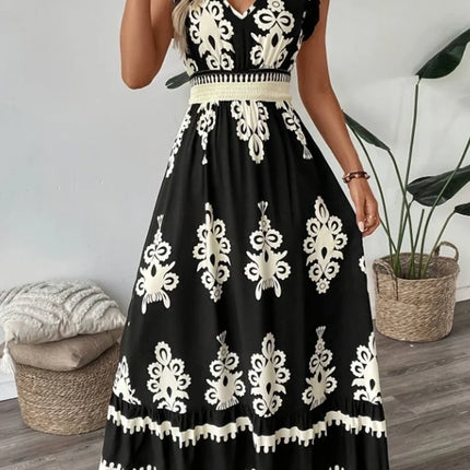 Elegant V-Neck Floral Geometric Dress – Vacation & Beachwear