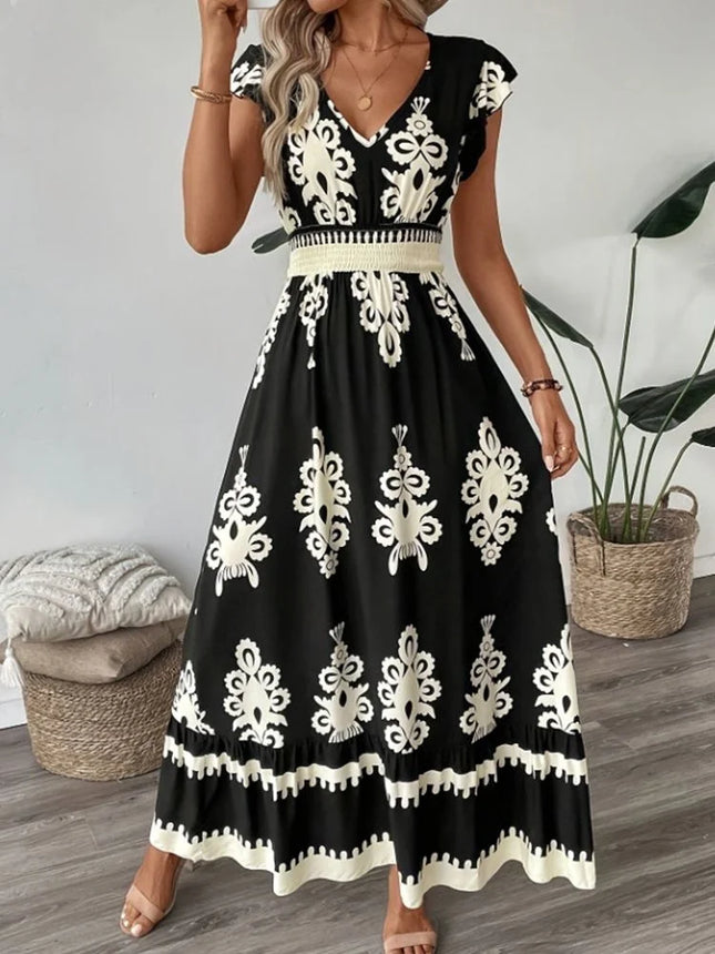 Elegant V-Neck Floral Geometric Dress – Vacation & Beachwear