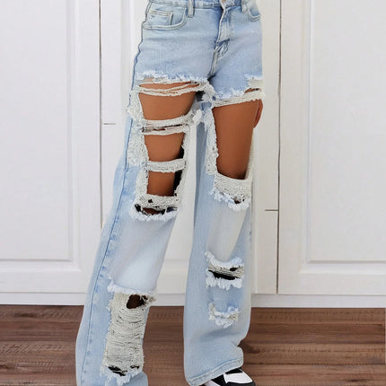 Women’s Light Blue Extreme Ripped Wide-Leg Jeans