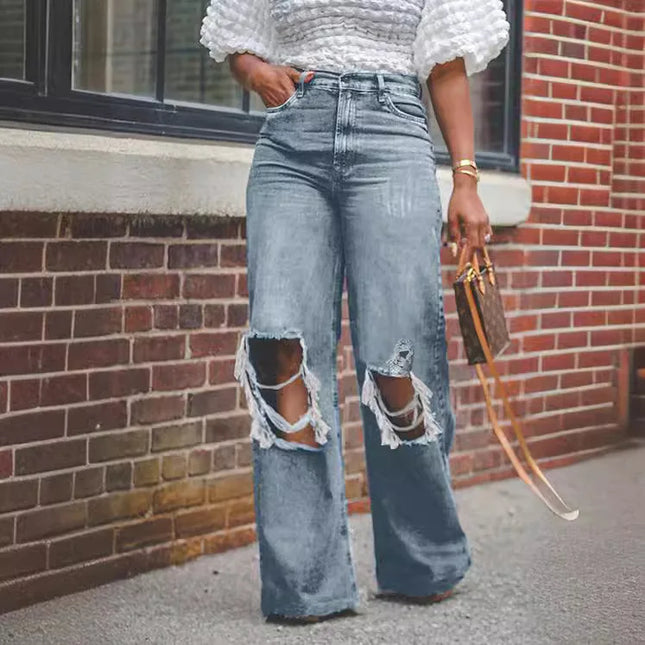 Women’s High-Waist Wide Leg Distressed Ripped Jeans