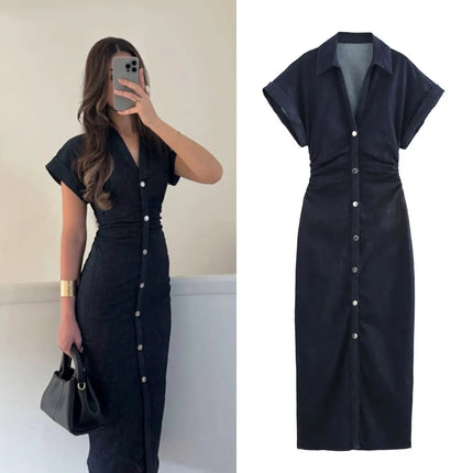 ETJ 2025 Denim Midi Dress – 1975 Retro Slim Fit with Lapel