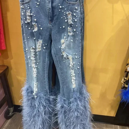 CM.YAYA Women’s Beaded Hollow-Out Feather Flare Jeans