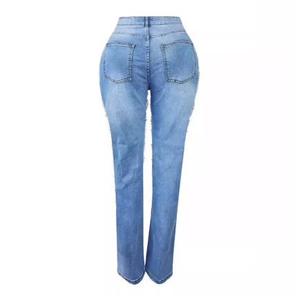 CM.YAYA Women’s Pearl Beaded Ripped Tassel Wide-Leg Jeans