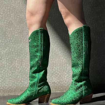 Onlymaker Women’s Rhinestone Green Knee-High Cowboy Boots