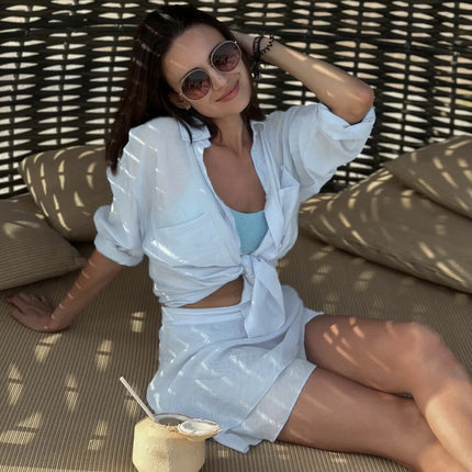 VEITCHE Linen Two-Piece Set – Long Sleeve Shirt & Mini Skirt Beachwear