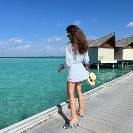 VEITCHE Linen Two-Piece Set – Long Sleeve Shirt & Mini Skirt Beachwear
