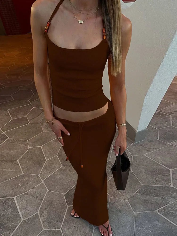 Sisterlinda Bandage Halter Set – Backless Tank & Maxi Skirt Suit