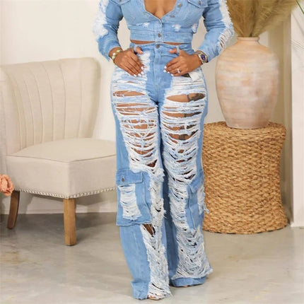 Women’s High-Waist Patchwork Hollow-Out Ripped Jeans