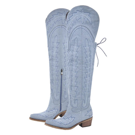 Onlymaker Women’s Red Thigh-High Embroidered Cowboy Boots