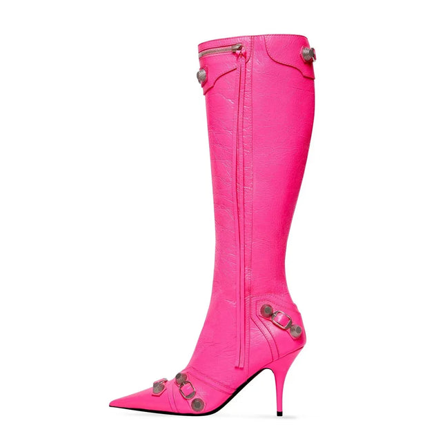 Women’s Pointed Rivet Tassel Knee-High Boots with Side Zip