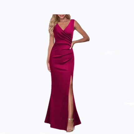 Elegant V-Neck Sleeveless Maxi – Slim Side Slit Party Dress