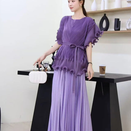 Miyake 3D Floral Pleated Set – Square Neck Top & A-Line Skirt 2025