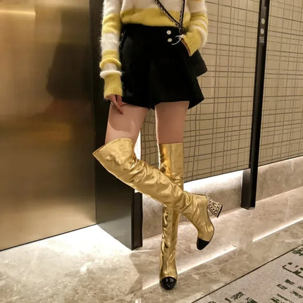 Rhinestone Cowhide Mid-Knee Heeled Boots