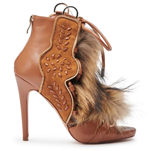 Women’s Fur Peep-Toe Platform Sandals with Cross Straps