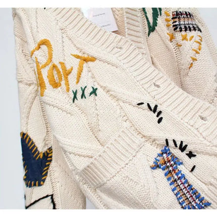 Women’s V-Neck Embroidered Patchwork Knit Cardigan