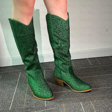 Onlymaker Women’s Rhinestone Green Knee-High Cowboy Boots