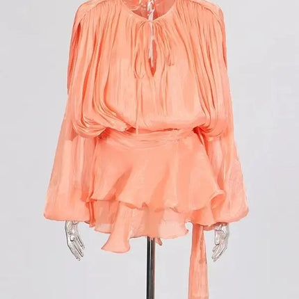 TWOTWINSTYLE V-Neck Mini Dress – Spliced Lace-Up Sweet Blouse