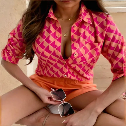 Elegant Turn-Down Collar Blouse – Vintage Slim Printed Shirt