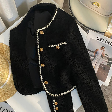MEXZT Vintage Tweed Cropped Jacket – Elegant Quilted Black Blazer