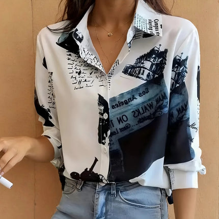Elegant Turn-Down Collar Blouse – Vintage Slim Printed Shirt