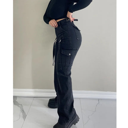Women’s High-Waist Stretch Cargo Jeans with Multi-Pocket Design