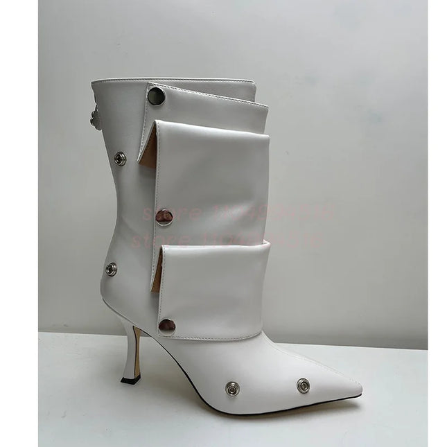 Women’s Pink Pleated Mid-Calf Patent Boots with Pointed-Toe Heels