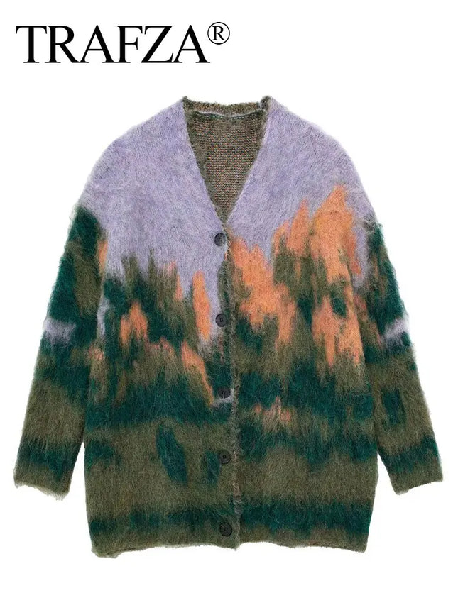 TRAFZA Women’s Vintage Printed V-Neck Cardigan