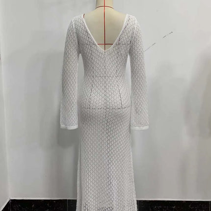 See-Through Deep V Knit Cover-Up – Sexy Backless Beach Dress